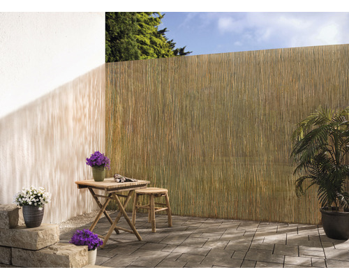 Terrasse avec brise-vue en roseau, table en bois et plantes