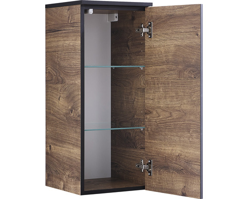 Geöffneter Spiegelschrank mit Holzmuster und zwei Glasböden