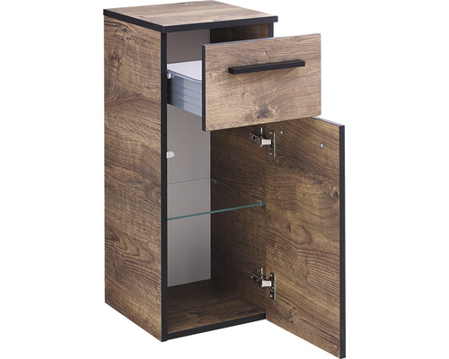 Meuble sous-lavabo avec tiroir, porte et étagère en verre