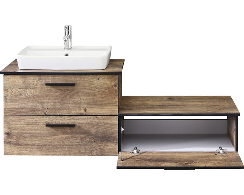 Meuble sous-lavabo avec lavabo, deux tiroirs et un compartiment ouvert en décor bois