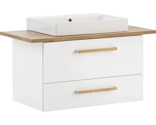 Meubles de salle de bains Möbelpartner Duo 102 cm blanc craie/chêne 3 pièces