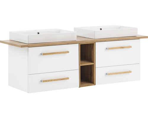 Lavabo double vasque avec meuble bas Möbelpartner Duo lxhxp 165.2x62x50 cm couleur de façade blanc craie 701519