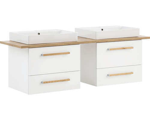 Double vasque avec meuble sous-vasque et tiroirs dans la salle de bains