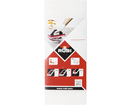 Rubi Ersatz-Scheuerschwamm weich 3 Stück Rubi Logo auf einer Verpackung für Schwämme zum Reinigen von Fliesenoberflächen