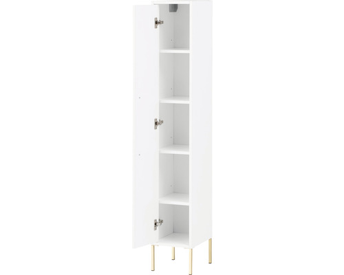 Armoire de salle de bains blanche avec porte ouverte et pieds dorés