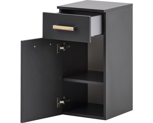 Meuble de salle de bains avec un tiroir et une porte ouverte sur les étagères