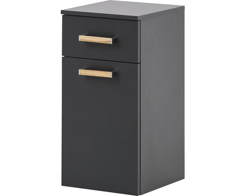 Meuble bas de salle de bains gris foncé avec deux tiroirs et poignées en bois
