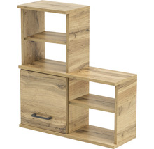 Étagère en bois avec tiroir et compartiments ouverts