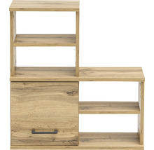 Étagère en bois avec porte et plusieurs compartiments ouverts