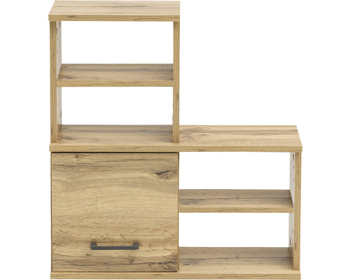 Étagère en bois avec porte et plusieurs compartiments ouverts