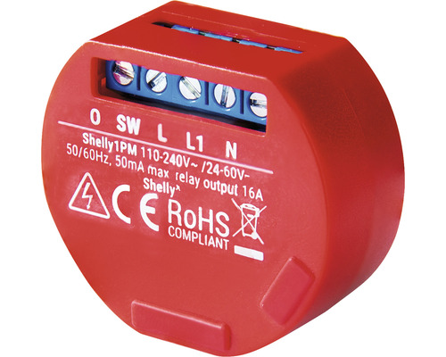Shelly 1PM Relaisschalter mit CE- und RoHS-Konformitätszeichen