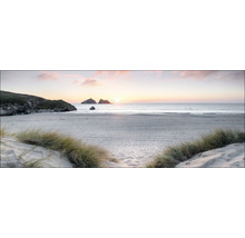 Sonnenaufgang über einem ruhigen Sandstrand mit Grasbüscheln