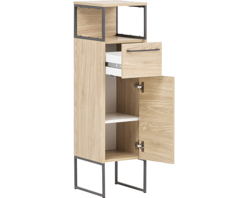 Armoire haute avec étagère ouverte, tiroir et porte pour la salle de bains