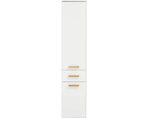 Weißer Hochschrank mit zwei Schubladen und Holzgriffen