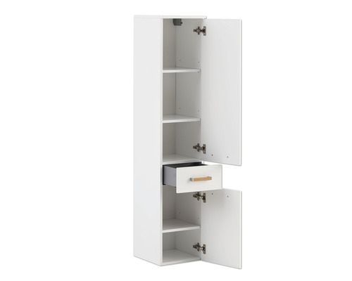 Offener weisser Badezimmer-Hochschrank mit Einlegeböden und Schublade