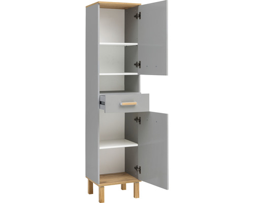 Armoire haute ouverte grise avec étagères et tiroir