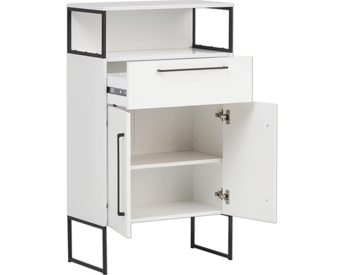 Weisser Schrank mit Schublade, Tür und Regalen