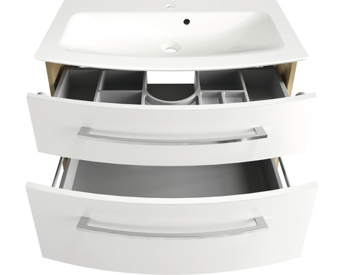 Meuble sous-lavabo avec deux tiroirs ouverts et lavabo