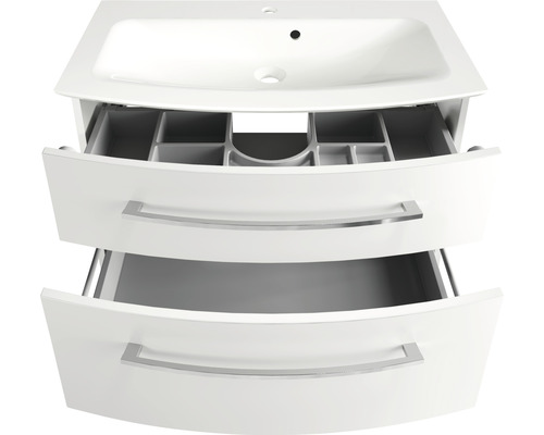 Meuble sous-lavabo avec deux tiroirs ouverts