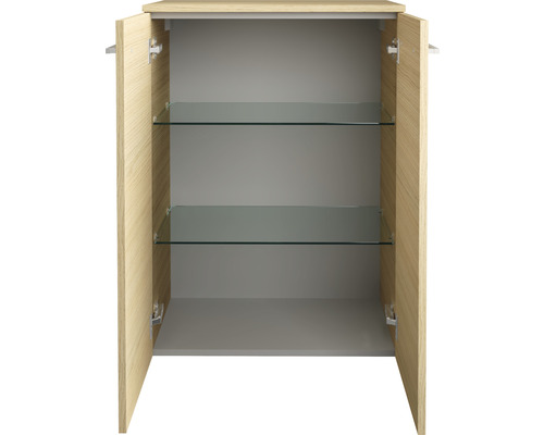 Meuble de salle de bains ouvert avec deux étagères en verre