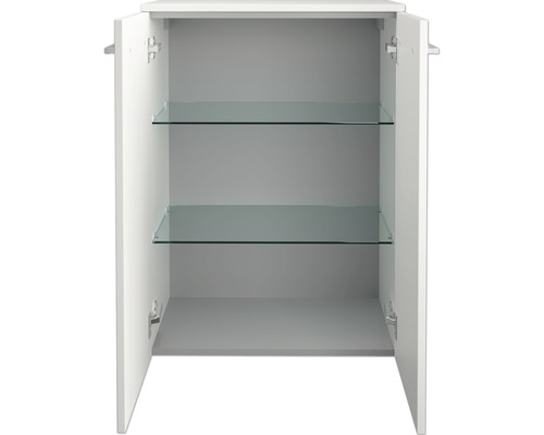 Geöffneter weisser Badschrank mit zwei Glasböden für Badezimmerutensilien