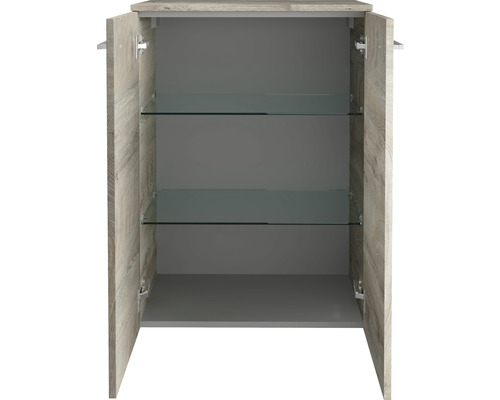 Armoire en bois ouverte avec deux étagères en verre