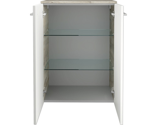 Meuble de salle de bains ouvert avec deux étagères en verre