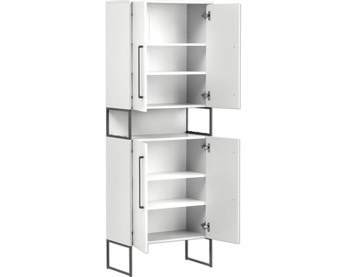 Weißer Hochschrank mit offenen Türen und mehreren Regalen