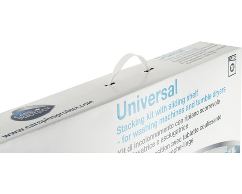 Kit de superposition universel pour lave-linge et sèche-linge avec tablette coulissante sur un emballage