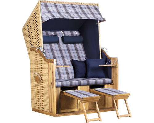 Corbeille de plage deVries Trend 10+ tissu 745 120 x 80 cm semi-couché bleu Fauteuil de plage en osier avec repose-pieds extensibles et tissu à carreaux