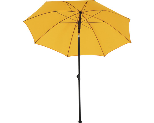 Gelber Sonnenschirm für den Außenbereich mit schwarzem Gestell.