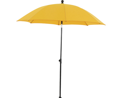 Gelber Sonnenschirm mit schwarzem Gestell für den Garten