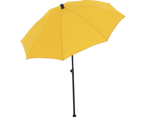 Gelber Gartenschirm mit schwarzem Ständer