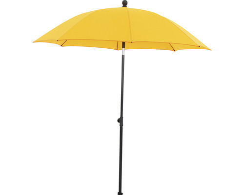 Gelber Gartenschirm mit schwarzem Gestell