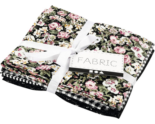 Tissu patchwork noir, 45x55 cm, 4 pièces/1 paquet Pile de morceaux de tissu à motifs floraux et à carreaux, reliés par un ruban.