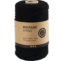 Schwarze Makramee-Kordel, 2 mm Durchmesser, 198 m Länge, aus recycelter Baumwolle