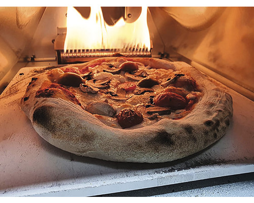 Pizza mit Pilzen und Tomaten in einem Pizzaofen