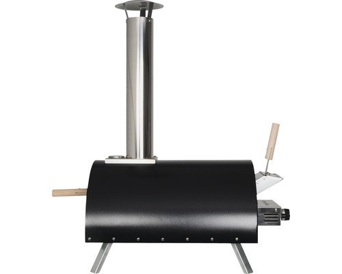 Schwarzer Pizzaofen mit Edelstahlschornstein und Holzgriffen