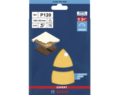 Bosch Expert Set de feuilles abrasives triangulaires P120, 10 pièces, 102x62 millimètres