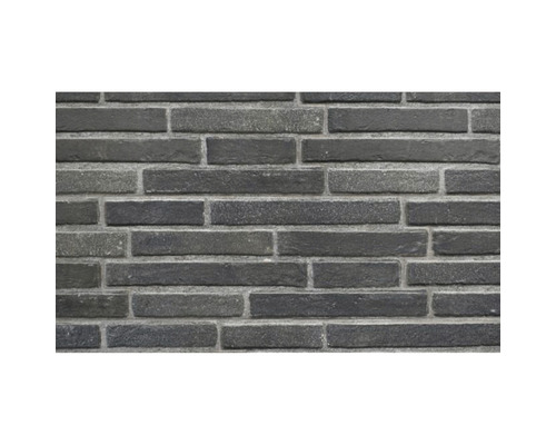 Wand aus dunklen Ziegelriemchen.
