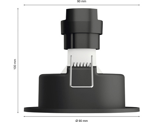 Spot encastrable avec des dimensions de 90 mm de diamètre et 100 mm de hauteur