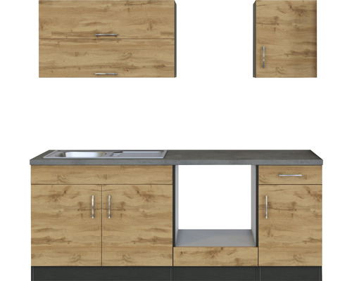 Cuisine linéaire avec évier, meubles hauts et meubles bas en décor bois