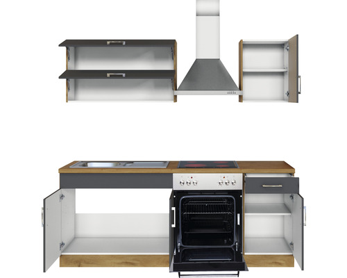 Cuisine complète avec évier, cuisinière, four, hotte aspirante et armoires