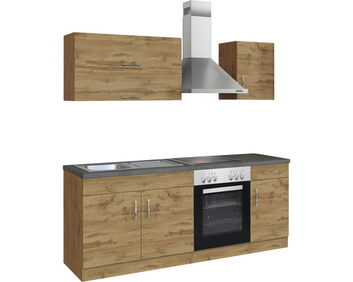 Cuisine complète avec évier, plaque de cuisson, four, hotte et armoires suspendues