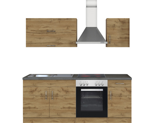 Cuisine linéaire avec éléments hauts, hotte aspirante, évier, plaque de cuisson et four