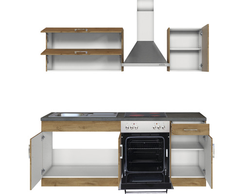 Cuisine équipée avec évier, cuisinière, four, hotte aspirante et éléments hauts