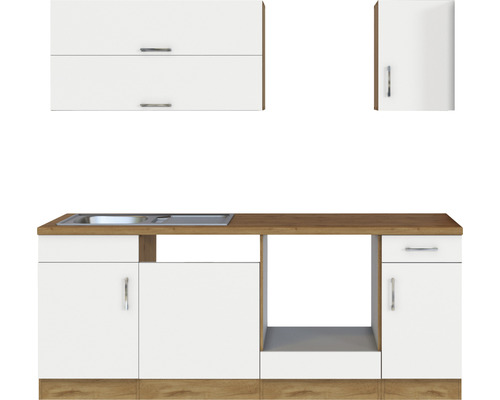 Cuisine équipée avec évier, meubles bas et meubles hauts