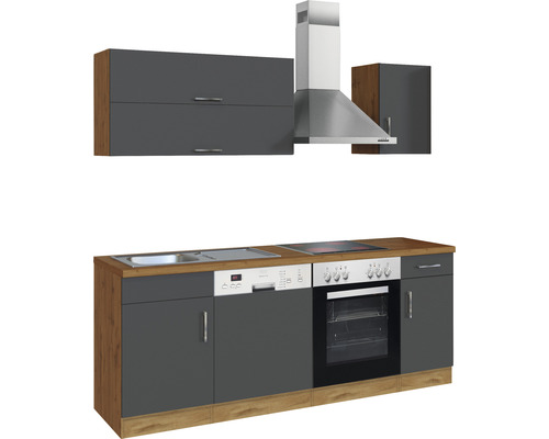 Cuisine complète avec évier, lave-vaisselle, four, plaque de cuisson, hotte aspirante et armoires suspendues