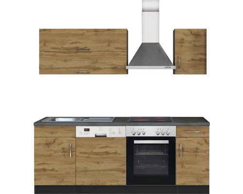 Cuisine équipée avec évier, lave-vaisselle, cuisinière, four et hotte aspirante