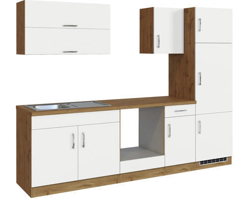 Komplette Küchenzeile mit Spüle, Schränken und Schubladen in Holzdekor und Weiss